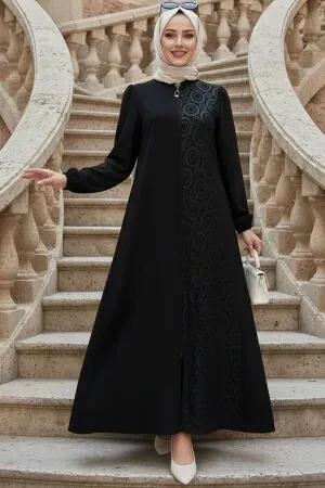 Patterned Black Modest Abaya 85103S - 1