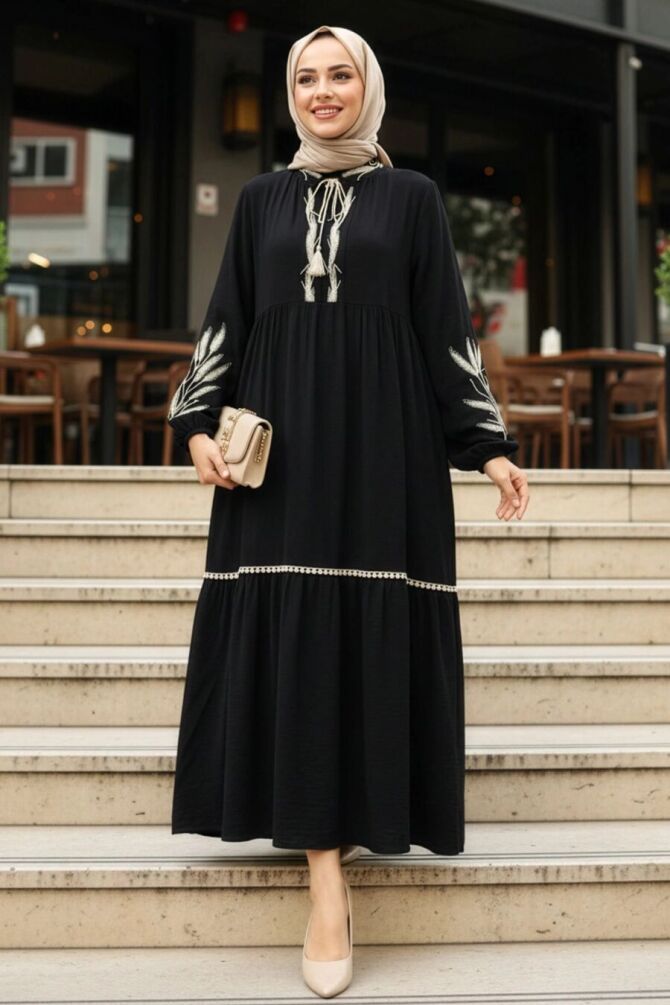 Patterned Black Modest Dress 20482S - 1