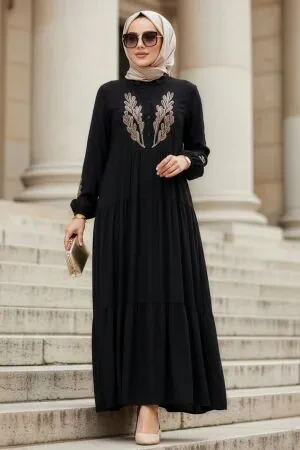 Patterned Black Modest Dress 21121S 