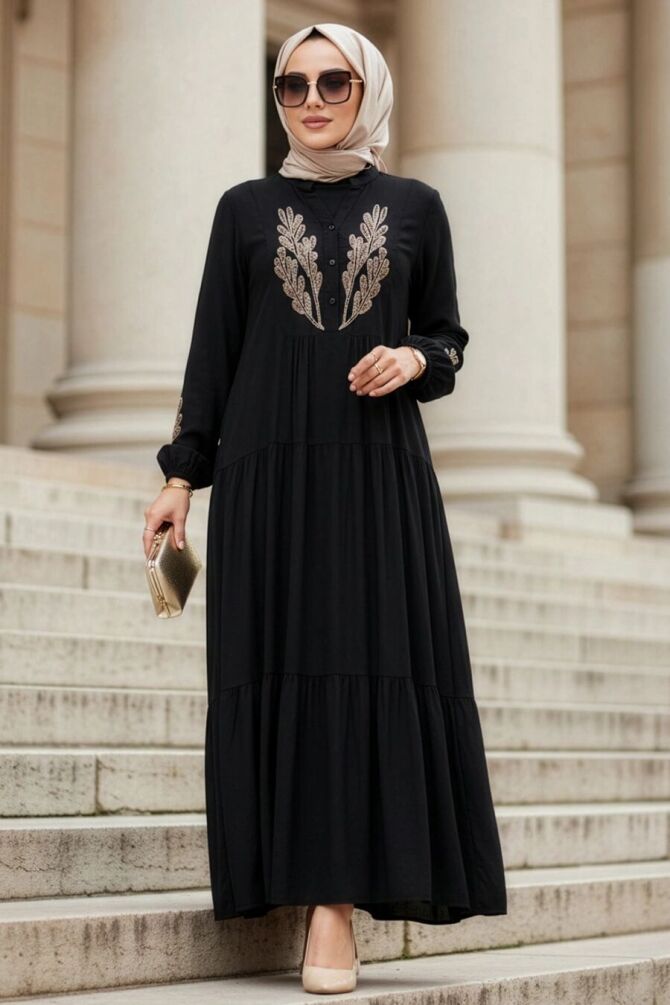 Patterned Black Modest Dress 21121S - 1