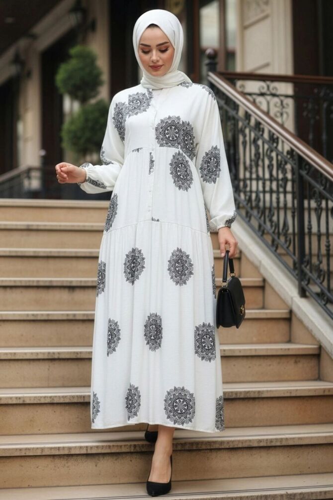 Patterned Black Modest Dress 24016S - 1