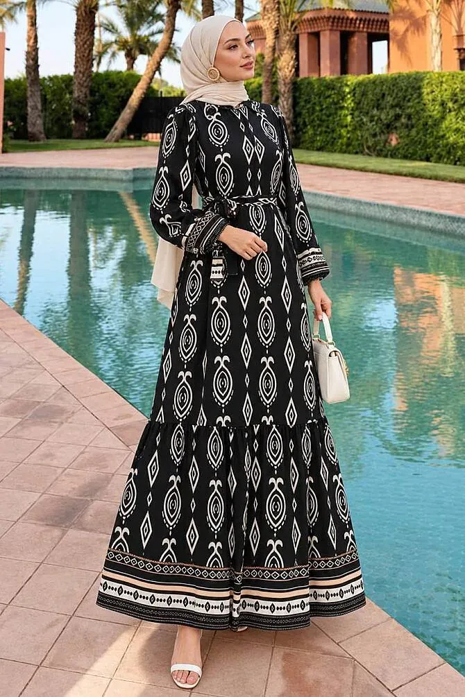Patterned Black Modest Dress 24085S - 1