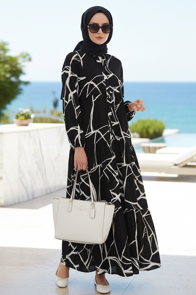 Patterned Black Modest Dress 30191S - 1