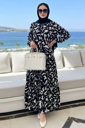 Patterned Black Modest Dress 30212S - 1