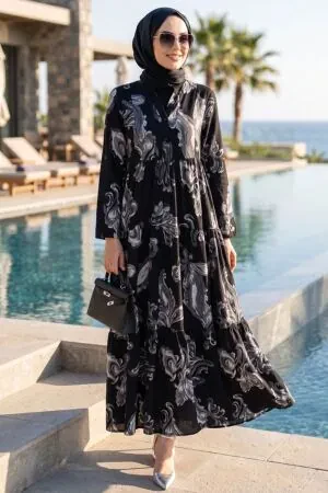 Patterned Black Modest Dress 657801S 