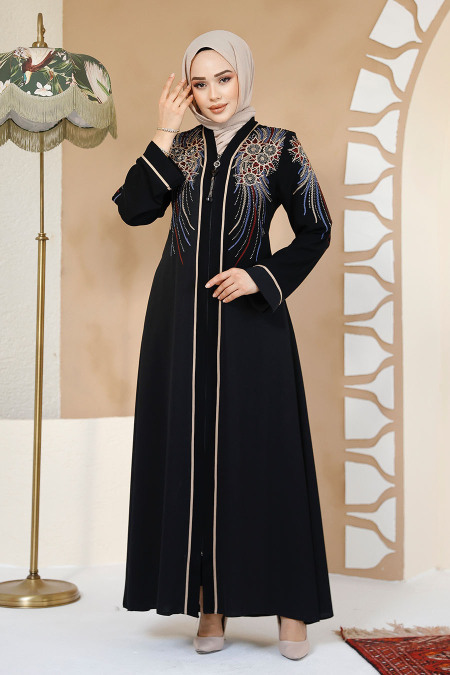 Patterned Black Plus Size Abaya 41565S - 2