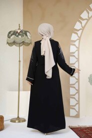 Patterned Black Plus Size Abaya 41565S - 4
