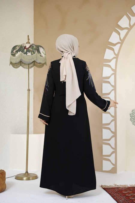 Patterned Black Plus Size Abaya 41565S - 4