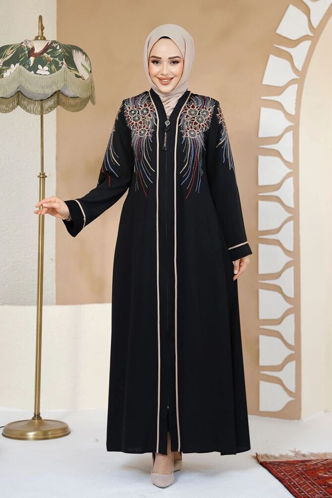Patterned Black Plus Size Abaya 41565S - 1