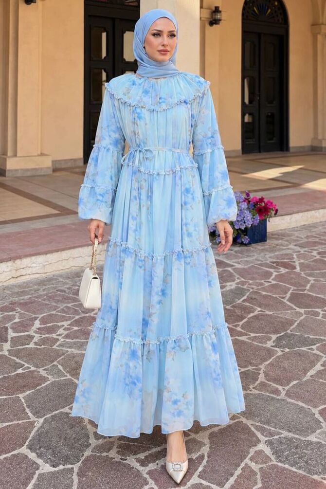 Patterned Blue Chiffon Layered-Flounce Modest Dress 24790M - 1