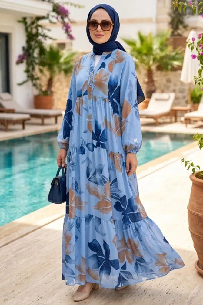 Patterned Blue Modest Dress 627501M - 1