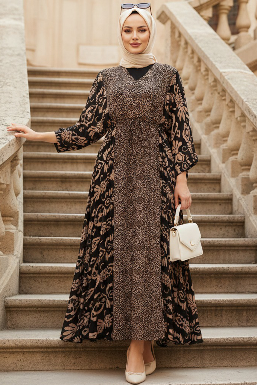 brown modest dresses Patterned Dress 21301KH This chic dress will VM-SPR25-PREVIEW Golden Moon Long Sleeve Size:4/5