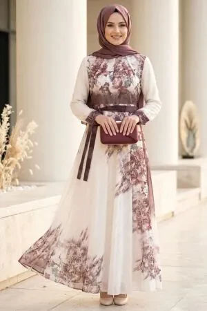 Patterned Brown Modest Dress 25412KH - 1