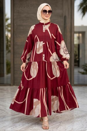 Patterned Burgundy Modest Dress 627504BR - 1