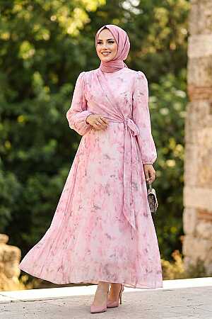 Patterned Draped Belted Tulle Modal Pink Modest Dress 31071P 
