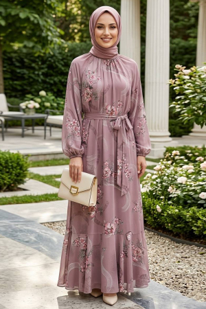 Patterned Dusty Rose Modest Dress 25231GK 