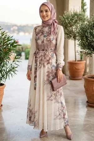 Patterned Dusty Rose Modest Dress 25412GK 