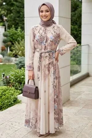 Patterned Dusty Rose Modest Dress 25421GK - 1