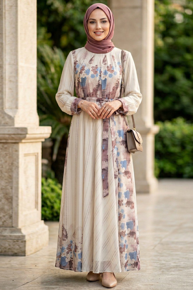 Patterned Dusty Rose Modest Dress 25461GK - 1