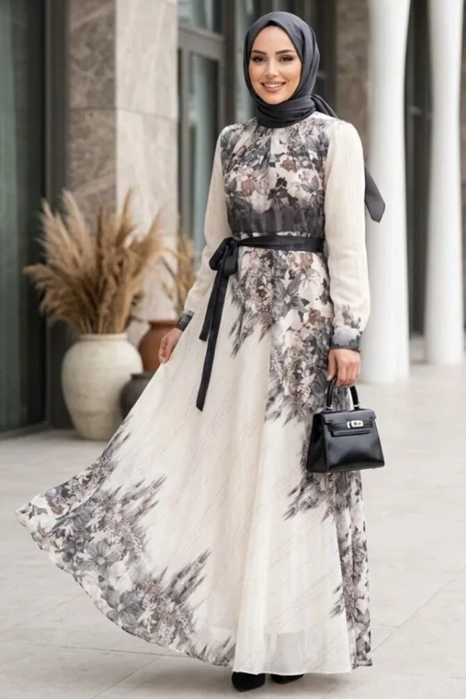 Patterned Gray Modest Dress 25412GR - 1