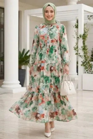 Patterned Green Modest Dress 20621Y - 1