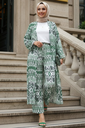 Patterned Green Modest Two-Piece Kimono Set 12887Y 