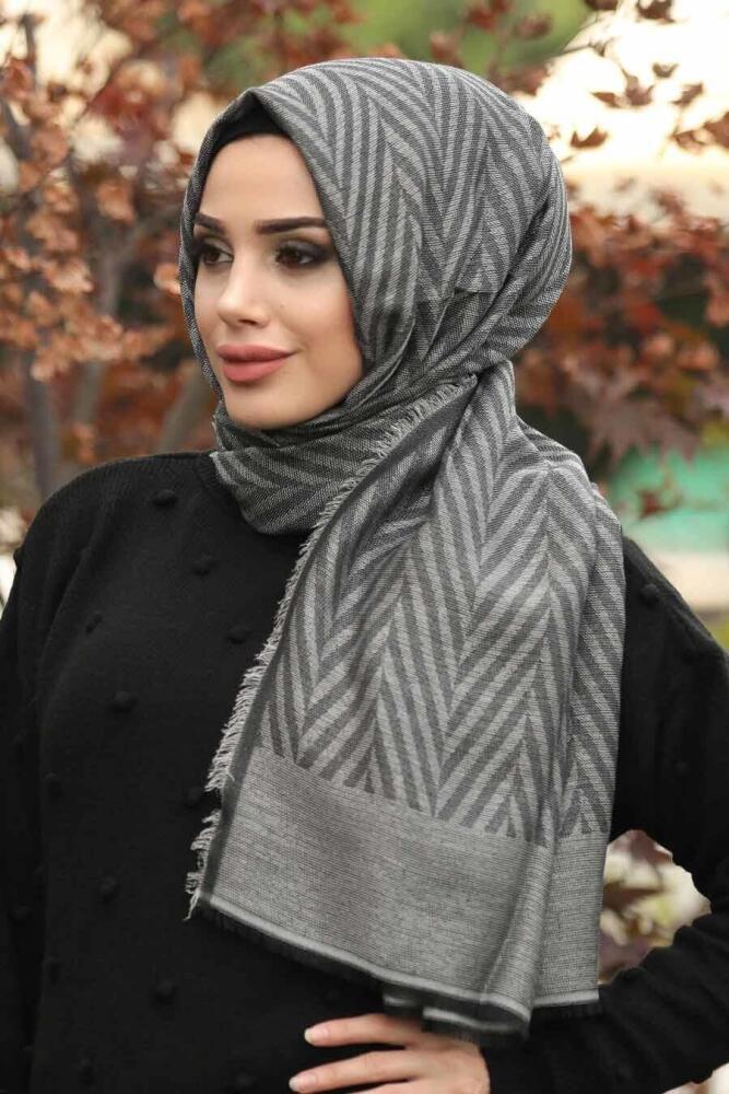Patterned Grey Hijab Shawl 7506GR - 1