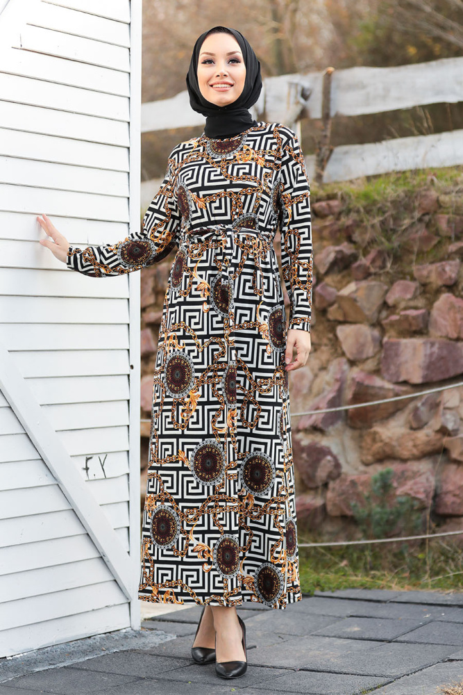 Patterned Hijab Dress 16834DSN - 2