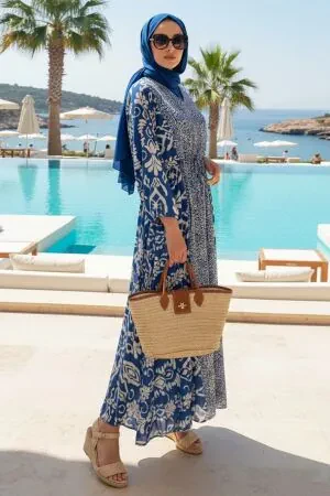 Patterned Indigo Blue Modest Dress 21301IM 