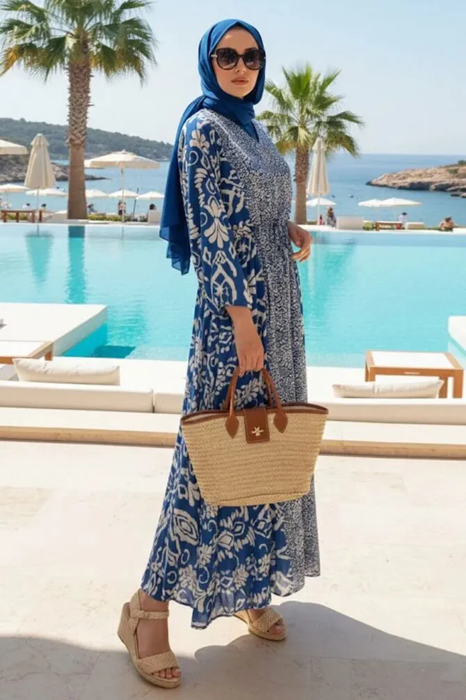 Patterned Indigo Blue Modest Dress 21301IM - 1