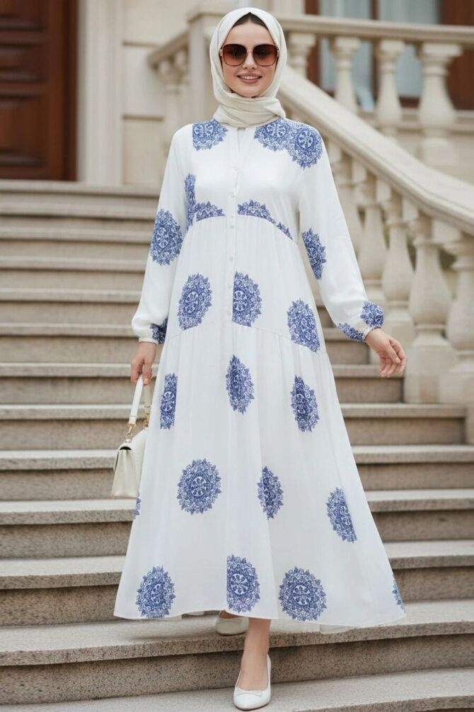 Patterned Indigo Blue Modest Dress 24016IM - 1