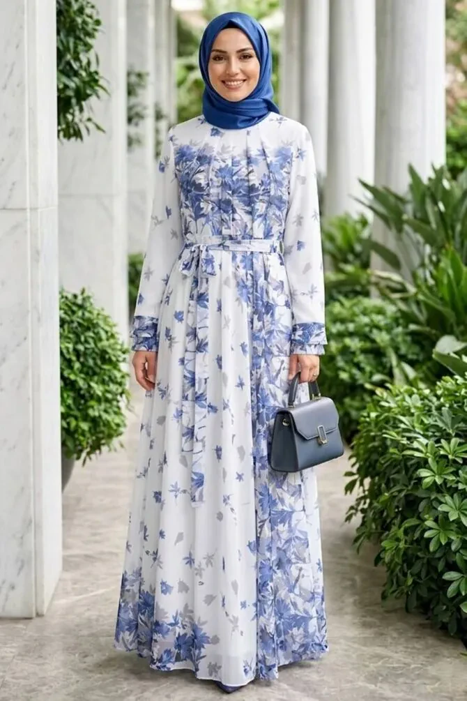 Patterned Indigo Blue Modest Dress 25271IM - 1