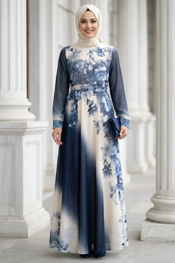 Patterned Indigo Blue Modest Dress 25291IM - 1