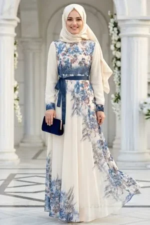 Patterned Indigo Blue Modest Dress 25412IM 