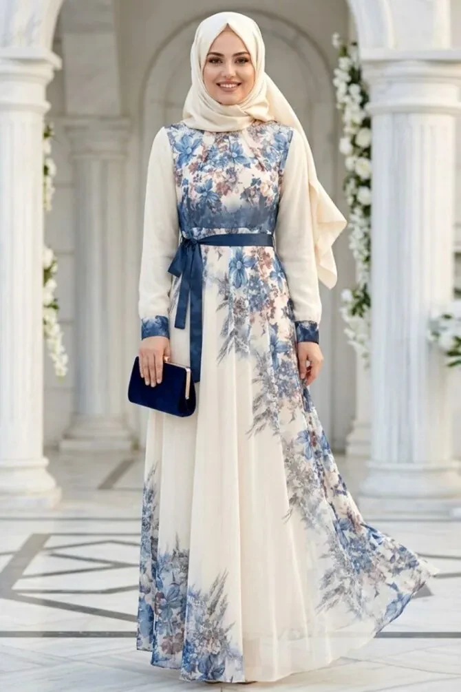 Patterned Indigo Blue Modest Dress 25412IM - 1