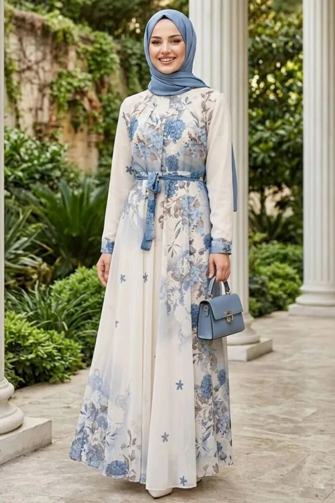 Patterned Indigo Blue Modest Dress 25421IM - 1