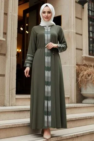 Patterned Khaki Modest Abaya 45303HK 