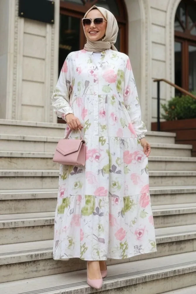 Patterned Khaki Modest Dress 20624HK - 1