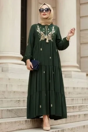 Patterned Khaki Modest Dress 21241HK 