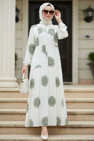 Patterned Khaki Modest Dress 24016HK 