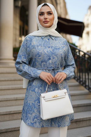 Patterned Koyu Blue Modest Tunic 26609KM - 1