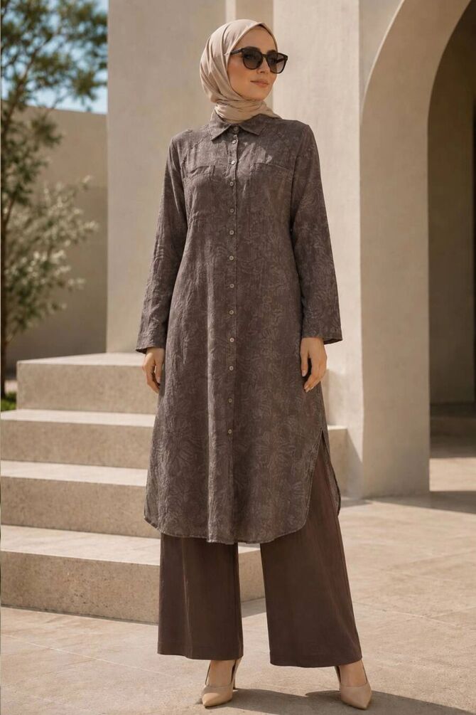 Patterned Long Brown Linen Modest Set 32105KH - 1