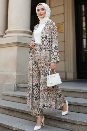 Patterned Mink Modest Two-Piece Kimono Set 12887V 