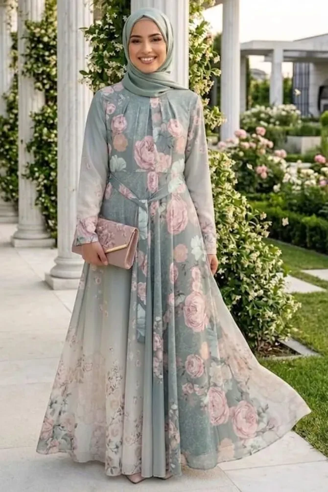 Patterned Mint Modest Dress 25471MINT - 1