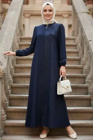 Patterned Navy Blue Modest Abaya 85103L 
