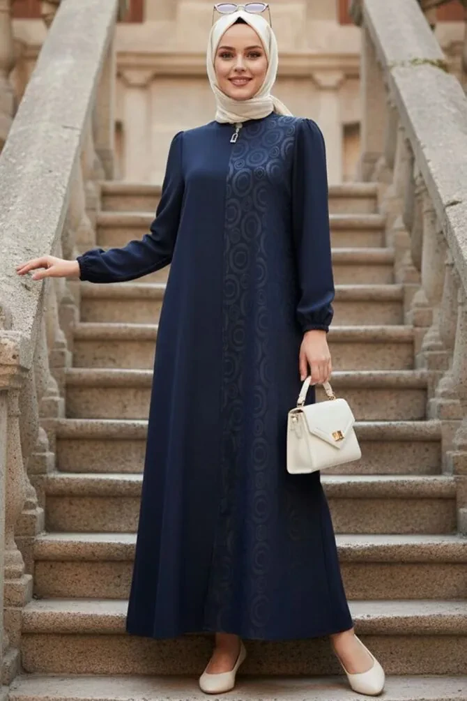 Patterned Navy Blue Modest Abaya 85103L - 1