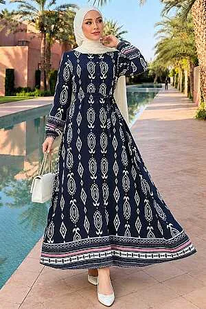 Patterned Navy Blue Modest Dress 24085L 