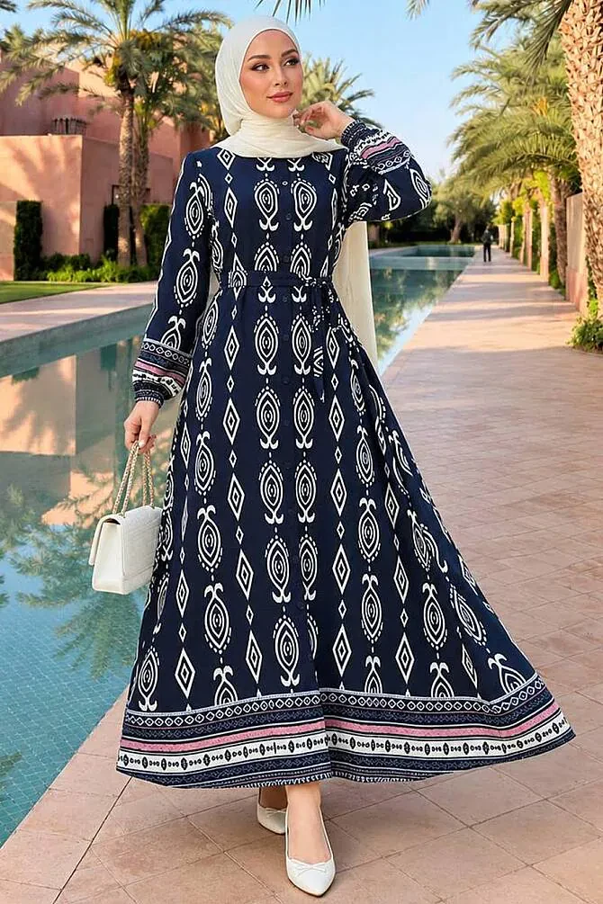 Patterned Navy Blue Modest Dress 24085L - 1