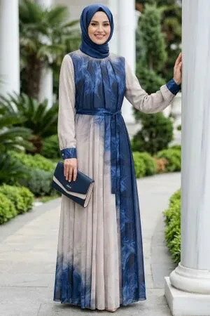 Patterned Navy Blue Modest Dress 25081L - 1