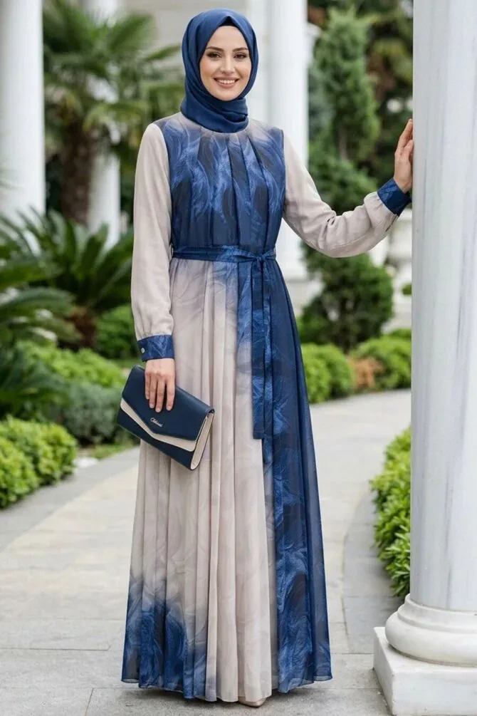 Patterned Navy Blue Modest Dress 25081L - 1